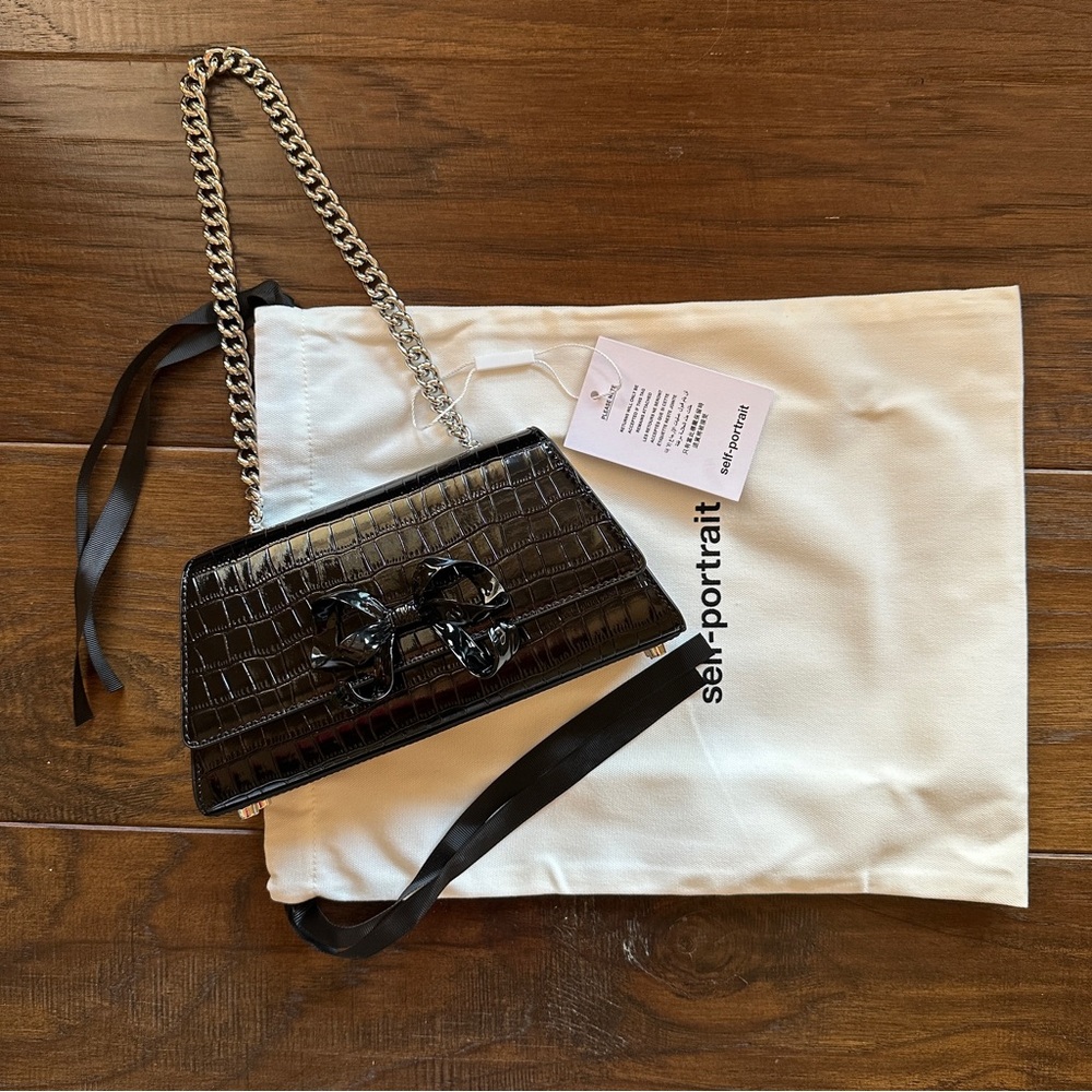 NIB AUTHENTIC Self-Portrait Black Croc Bow Mini Shoulder Bag Chain Embossed - Picture 3 of 8